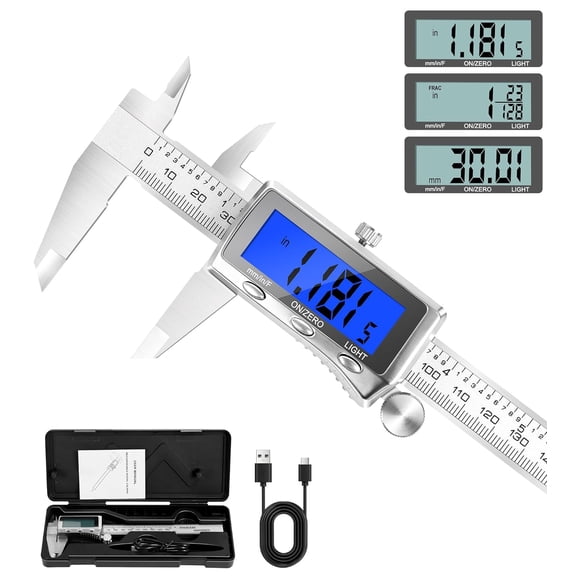 Digital Calipers Measuring Tool 6 Inch | Rechargeable Vernier Caliper with Backlit LCD Screen, Auto-Off Inch/MM/Fraction Easy Conversion, Stainless Steel Electronic for DIY