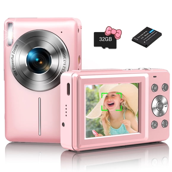 Digital Camera 1080P Video w/ 32GB TF Card, Vintage Camcorder Date Stamp Retro Photos Filters, Vlogging Point and Shoot Camera for Beginners Kids (Pink)