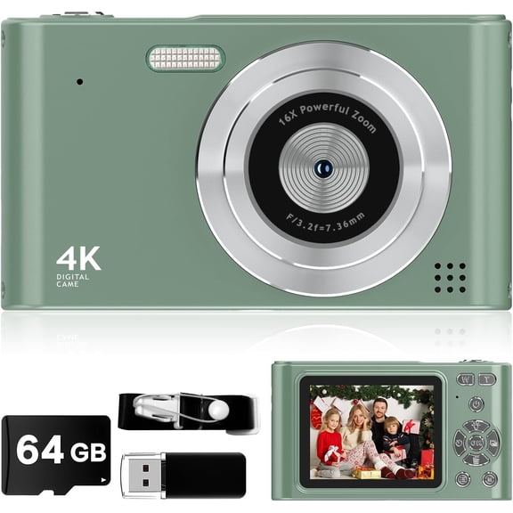 Digital Camera - 1080P Vlog Camera, 44MP Compact, 16X Zoom, Anti-Shake, Green for