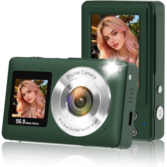Digital Camera, 2026 Upgraded 56MP Dual Screens Digital Camera, Compact Cameras Built-in with 16X Zoom Auto Focus Travel Cameras with Smile Capture 32GB SD Card Anti Shake for Teens