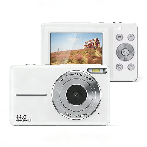 Digital Camera, 44MP, 1080P Video, 16X Zoom, White Compact Camera