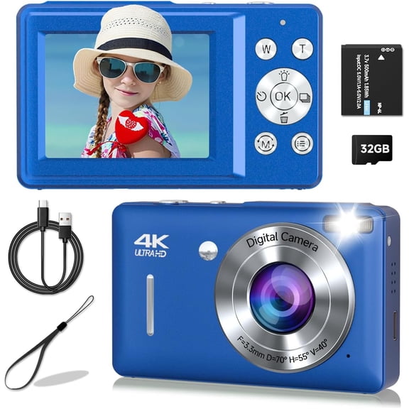 Digital Camera, 44MP Compact Camera, FHD 1080P Point and Shoot Digital Cameras with 16X Zoom, Detect, Smile Capture, Anti Shake, for Boys Girls Teens Gifts (Blue)