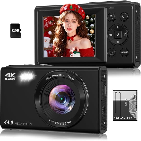 Digital Camera, 4K 44MP Autofocus Point and Shoot Camera with 16X Zoom 2.4" LCD Portable Compact Camera for Teens Boys Girls Adults