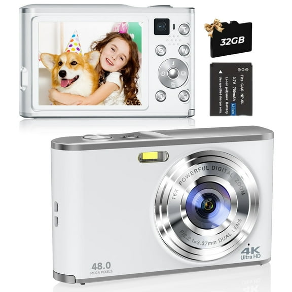 Digital Camera,4K 48 MP Auto Focus Camera Selfie with Front and Rear Dual Lens with 32GB Card and 1 Batteries,16x Digital Zoom,Mini Travel Blog Camera for beginners