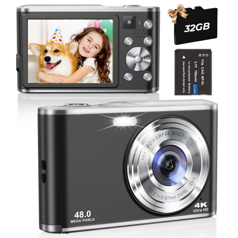 Digital Camera,4K 48 MP Auto Focus Camera Selfie with Front and Rear Dual Lens with 32GB Card and 1 Batteries,16x Digital Zoom,Mini Travel Blog Camera for beginners