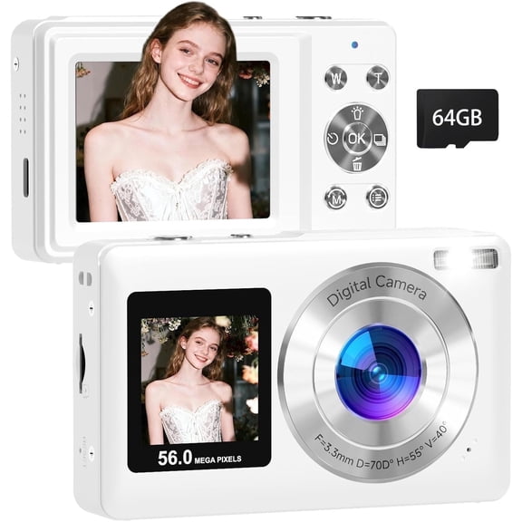 Digital Camera, 4K 48MP Dual Screens Camera, 18X Zoom, Portable Small Point and Shoot Digital Cameras with 64GB TF Card, 2 Rechargeable Batteries for Kids, Teens, Adult, Selfies, Valentines Day Gifts