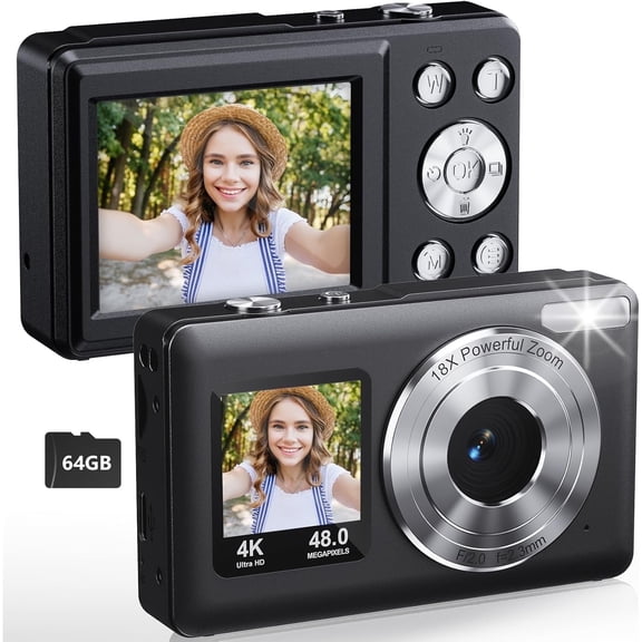 Digital Camera, 4K 48MP Dual Screens Camera, 18X Zoom, Portable Small Point and Shoot Digital Cameras with 64GB TF Card, 2 Rechargeable Batteries for Kids, Teens, Adult, Selfies, Valentines Day Gifts