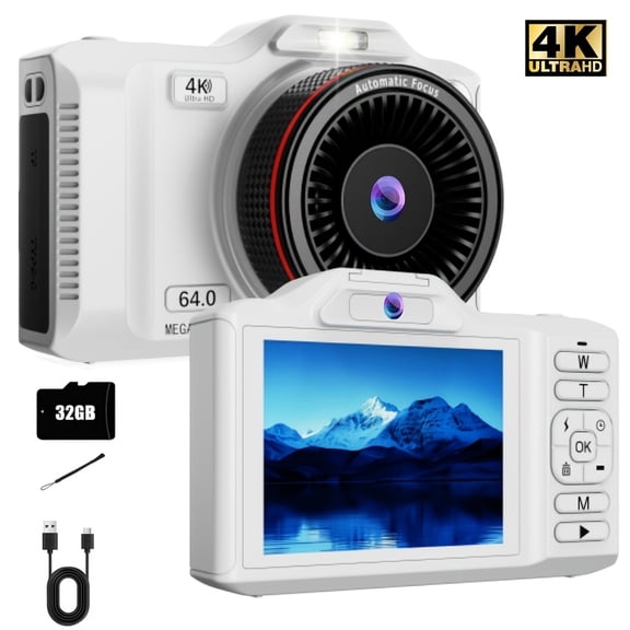 Digital Camera 4K 64MP Cameras for Photography with Dual Cameras, Point And Shoot Digital Camera with Auto Focus, Flash, 16X Zoom, Anti Shake, 32GB Card, Compact Vlogging Camera for Teens, Adults