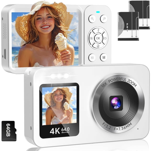Digital Camera, 4K 64MP UHD Dual Screens Camera, 18X Zoom, Portable Small Point and Shoot Digital Cameras with 64GB TF Card, 2 Rechargeable for , Teens, Adult, Selfies, Gifts- White