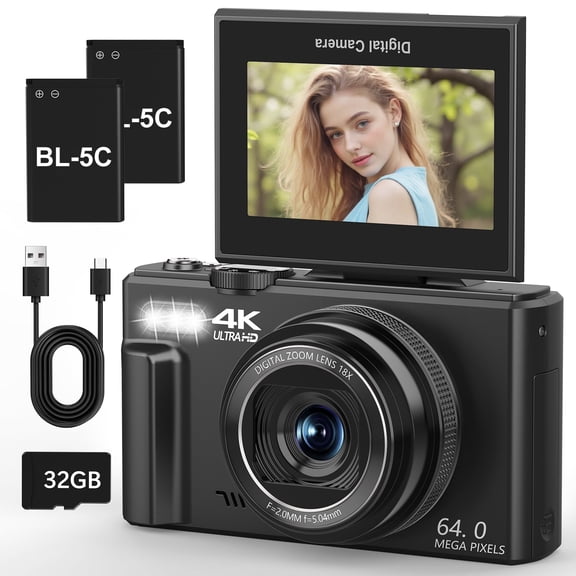 Saneen Digital Camera 4K 64MP Vlogging Camera for YouTube Autofocus Video Cameras for Beginners with 3''180Flip Screen 18X Digital Zoom & 32GB SD Card