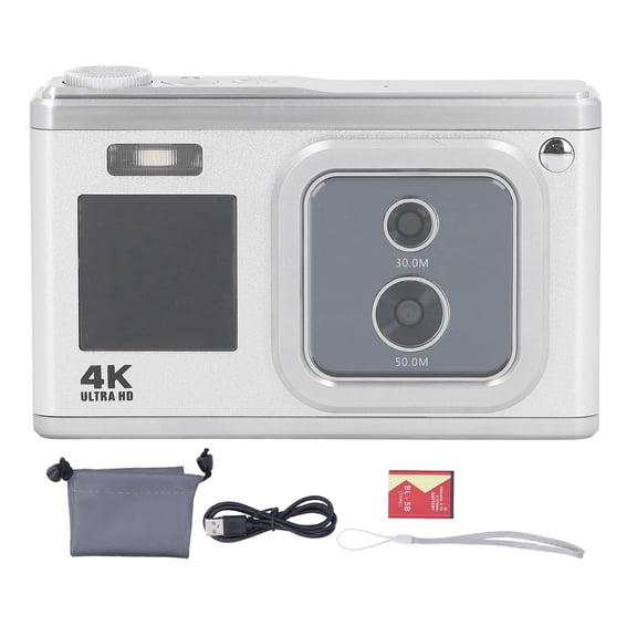 Digital Camera 4K HD Dual Cam Dual IPS Screen 16X Zoom Auto Focus Beauty Flashlight Small Portable Digital Camera Silver