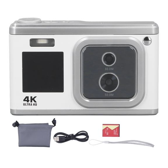 Digital Camera 4K HD Dual Cam Dual IPS Screen 16X Zoom Auto Focus Beauty Flashlight Small Portable Digital Camera White