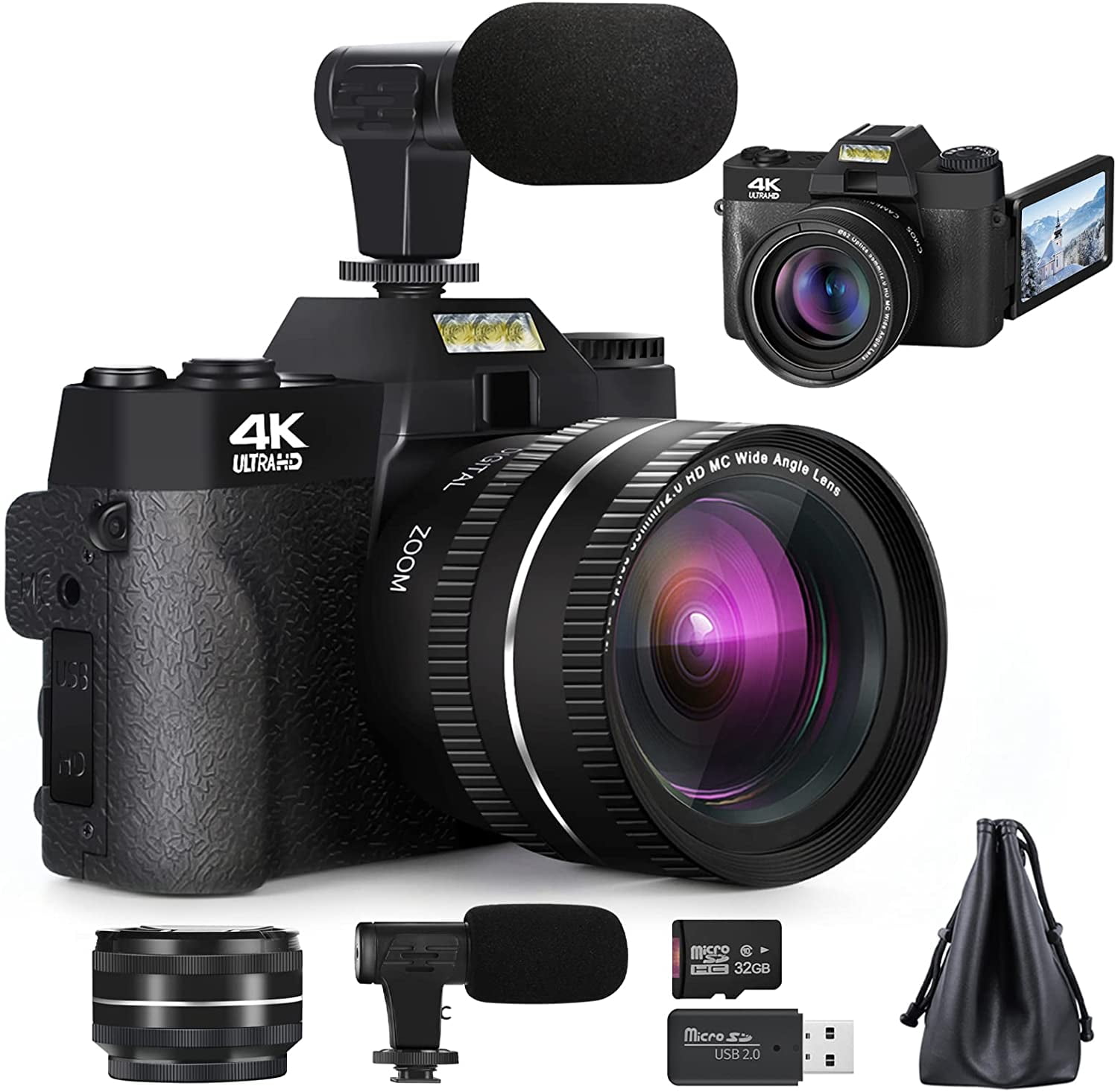 Digital Camera, 4K Video NBD Cameras for Photography for  with WiFi,  3.0 IPS 180°Flip Screen, Wide Angle Lens, Macro Lens, 16X Digital Zoom