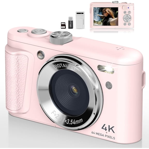 Digital Camera, 4K Vlogging Camera with 64MP, Point and Shoot Digital Cameras with 18X Zoom, Anti-Shake, Mode Dial, 32GB SD Card, Card Reader, Charger, Compact Small Cameras,