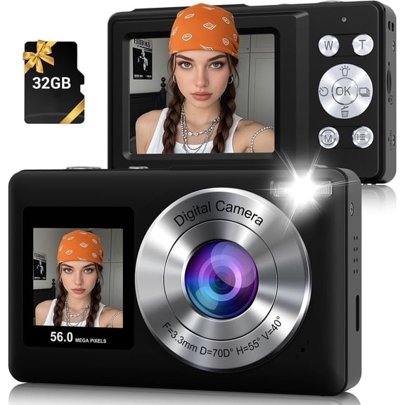 Digital Camera, 56MP 2.7K Dual-Screen Selfie Camera with 16X Zoom, 20 Filters & Anti-Shake, Portable Point and Shoot Digital Cameras with 32GB Card, Compact Travel Cameras for Beginners Teens