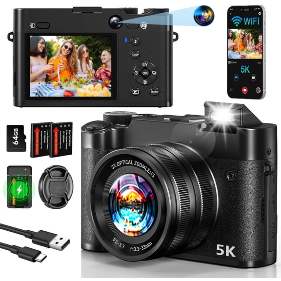 Digital Camera 5K 64MP Cameras for Photography with 6X Optical Zoom,WiFi Dual-Lens Vlogging Camera for YouTube Video with 64GB Card