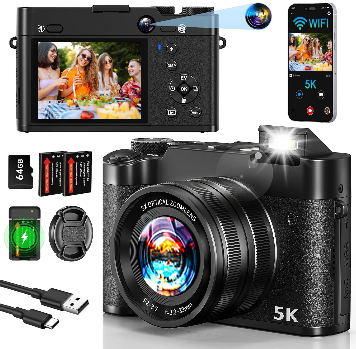 Digital Camera 5K 64MP Cameras for Photography with 6X Optical Zoom,WiFi Dual-Lens Vlogging Camera for YouTube Video with 64GB Card