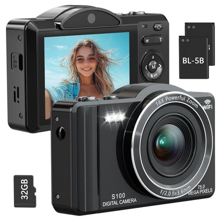 Digital Camera 4K 75MP Dual Camera for Youtube 2.8'' Vlogging Cameras 16X Digital Zoom 32GB Card Mini Cameras for Teens Black
