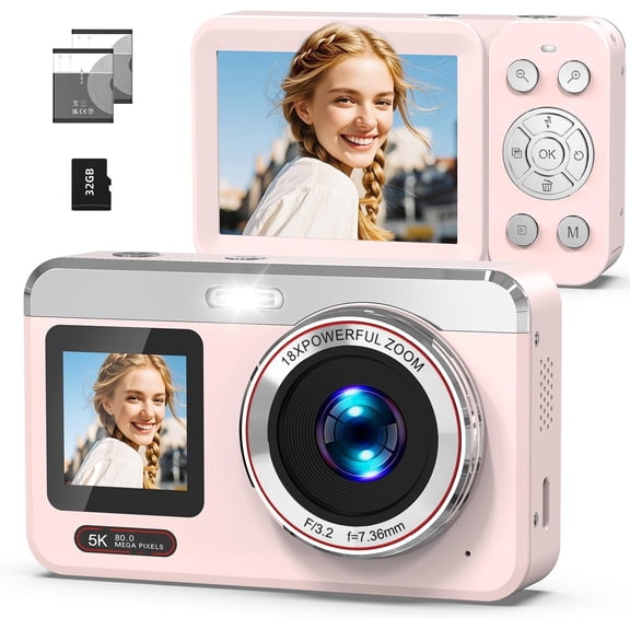 Digital Camera, 5K Vlogging Camera for Photography, 80MP Dual Screen Point and Shoot Digital Camera with Auto Focus, 18X Zoom, Flash, 2 , 32GB Card for Teens and Adults ()