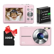 1080P Kids Digital Camera with Anti-Shake - 16X Zoom, Fill Flash, 32GB Card | Portable Point & Shoot for Teens, Boys & Girls Pink