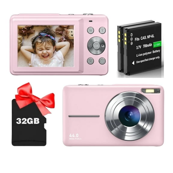 1080P Kids Digital Camera with Anti-Shake - 16X Zoom, Fill Flash, 32GB Card | Portable Point & Shoot for Teens, Boys & Girls (Pink)