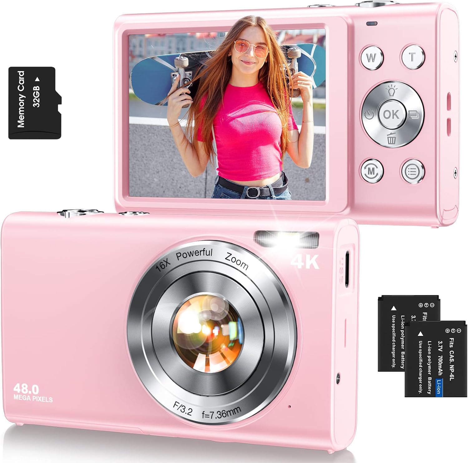 Digital Camera,Autofocus 4K Vlogging Camera for Photography with 32GB Card,48MP Portable Compact Point and Shoot Digital Camera for Teens Adult Beginner with 16X Zoom,Anti-Shake,2 Batteries(White)