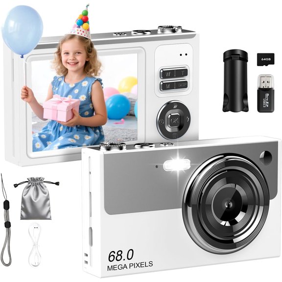 Digital Camera for & Beginners, 4K Digital Camera with 64GB SD Card 16X Zoom Anti-Shake, Compact Point and Shoot Camera with 2.8" Screen, Portable Small Camera for Students, Travel & Gifts White