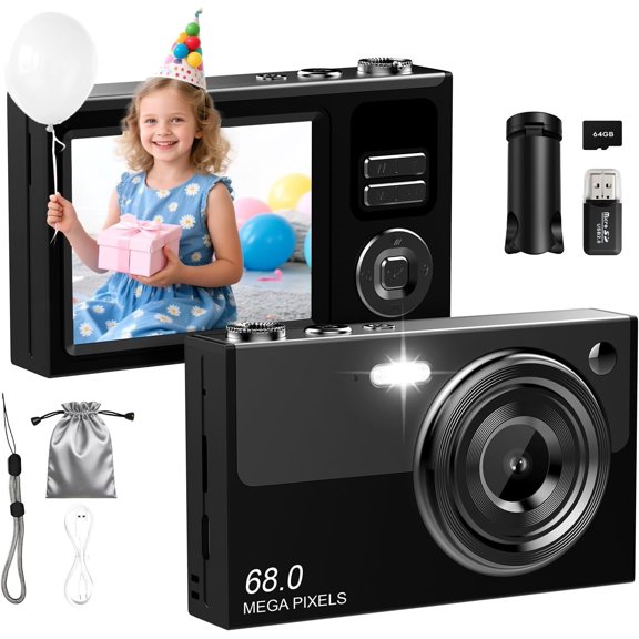 Digital Camera for & Beginners, 4K Digital Camera with 64GB SD Card 16X Zoom Anti-Shake, Compact Point and Shoot Camera with 2.8" Screen, Portable Small Camera for Students, Travel & Gifts Black