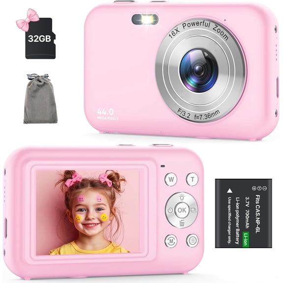 Digital Camera, Camera with 32GB Card, FHD 1080P 44MP Vlogging Camera, 16X Zoom Point and Shoot Digital Camera Compact Portable Cameras for Teens Boys Girls Students Seniors-