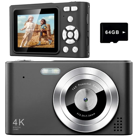 Digital Camera, Camera for Kids, UHD 4K 48MP Point and Shoot Digital Cameras with 64GB SD Card and 16X Digital Zoom Anti Shake, Compact Portable Small Gift for Boys Girls Students, Black