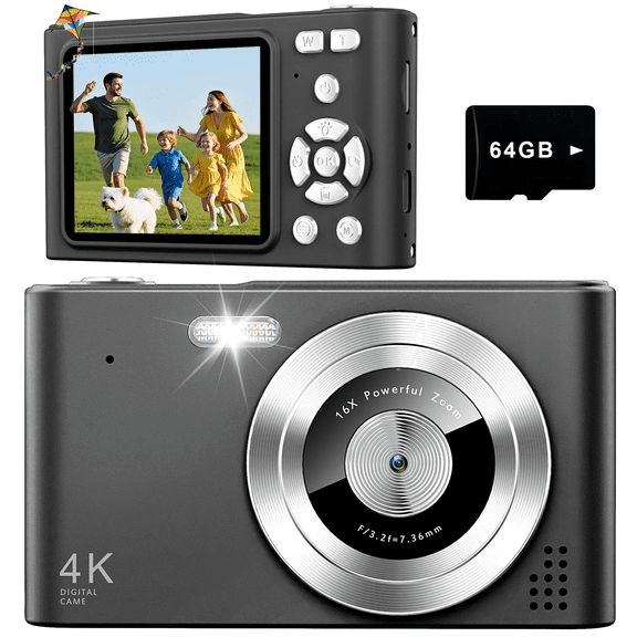 Digital Camera, Camera for Kids, UHD 4K 48MP Point and Shoot Digital Cameras with 64GB SD Card and 16X Digital Zoom Anti Shake, Compact Portable Small Gift for Boys Girls Students, Black