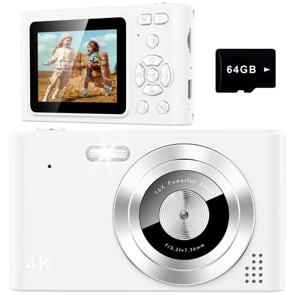 Digital Camera, Camera for Kids, UHD 4K 48MP Point and Shoot Digital Cameras with 64GB SD Card and 16X Digital Zoom Anti Shake, Compact Portable Small Gift for Boys Girls Students, White