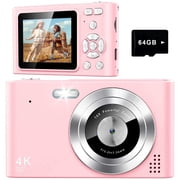 Digital Camera, Camera for Kids, UHD 4K 48MP Point and Shoot Digital Cameras with 64GB SD Card and 16X Digital Zoom Anti Shake, Compact Portable Small Gift for Boys Girls Students, Pink