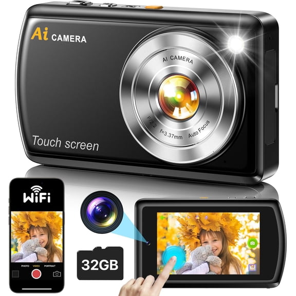 Digital Camera, Cameras for Photography with WiFi, Vlogging Camera for  with Dual Lens 3.6" IPS Touch Screen, Creative Doodle AI Camera Recognizes Everything, with 32 GB Card for Teens,