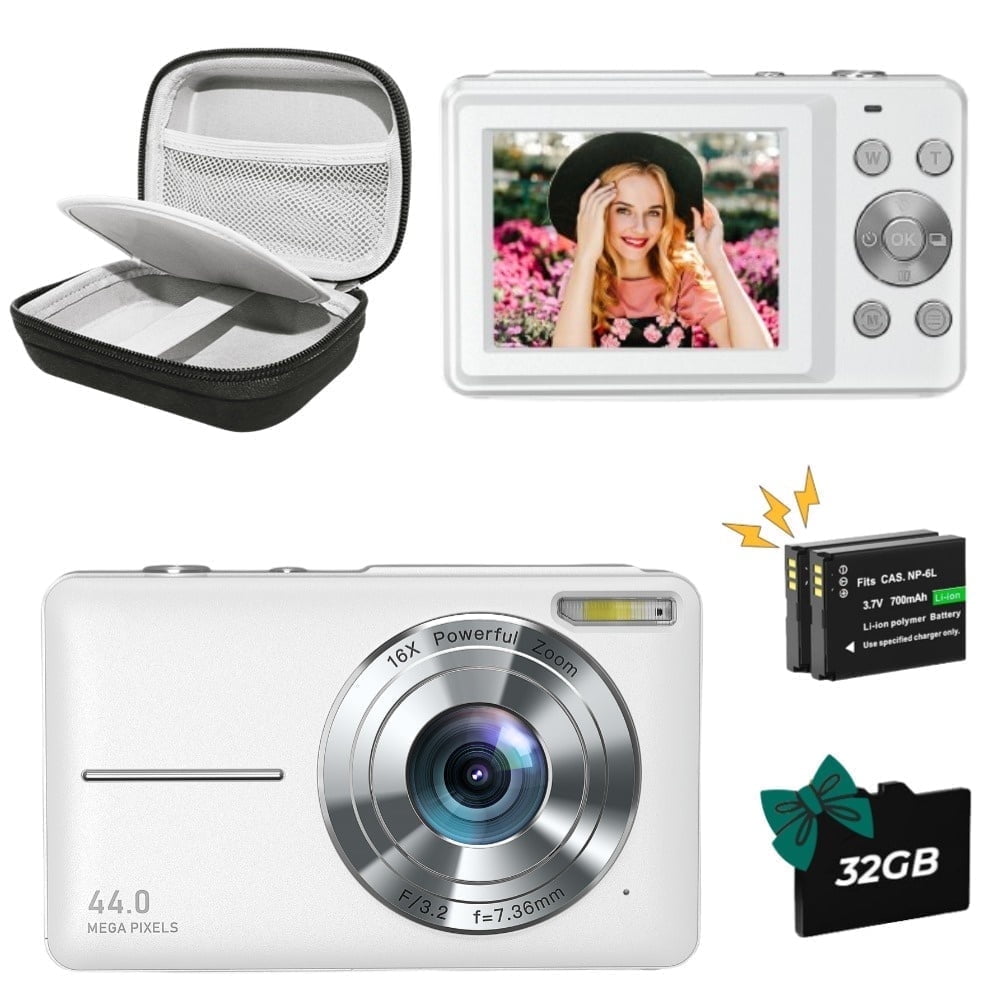 Digital Camera+Carrying & Protective Case Set, FHD 1080P 44MP Digital Point and Shoot Camera with 2 Rechargeable Batteries,32GB Memory,Compact Small Camera for Boys Girls Beginners