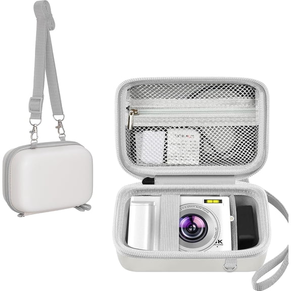 Digital Camera Case Compatible with 4K HD Digital Cameras 64MP, 16x Zoom Camera Portable Hard Case Includes Shoulder Strap and Mesh Storage Pocket(White)(Case Only)