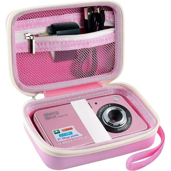 Digital Camera bag Compatible with CAMKORY/for YISENCE/for Canon PowerShot ELPH 180 - Compact Travel Case with SD Card and Cable (Pink)