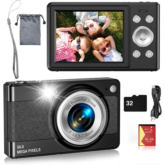 Digital Camera for , FHD 1080P 56MP Autofocus Point and Shoot with 16X Zoom, 32GB TF Card, , Flash, Detect, Anti Shake, Compact Travel Cameras for Boys Girls Teens (Black)