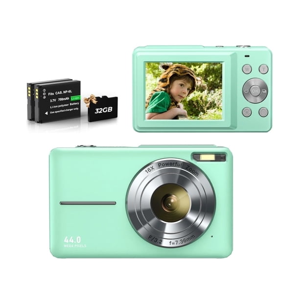 FHD 1080P 44MP Digital Camera with Anti-Shake & 16X Zoom - Compact Point and Shoot for Kids, Teens, Students (Green)