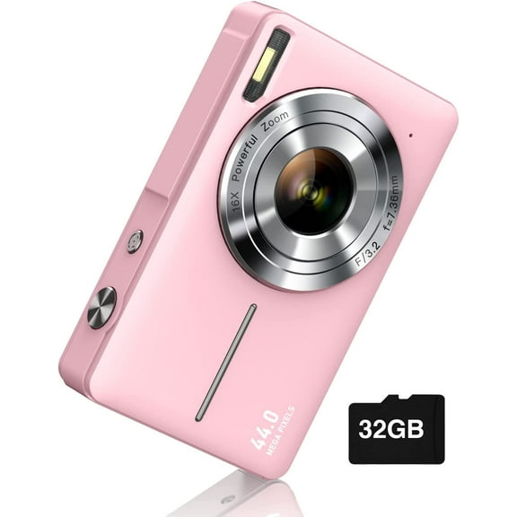 Digital Camera, FHD 1080P Digital Point and Shoot Camera with 16X Zoom Anti Shake, 32GB Card, Compact Small Camera for Boys Girls Kids, Pink