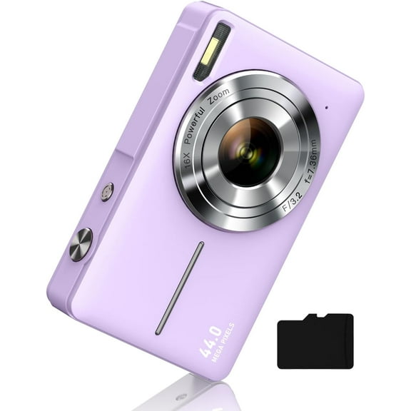 Digital Camera FHD 1080P, Point and Shoot Digital Cameras with 16X Zoom Anti Shake, 32GB Card, Compact Small Camera for Boys Girls , Purple