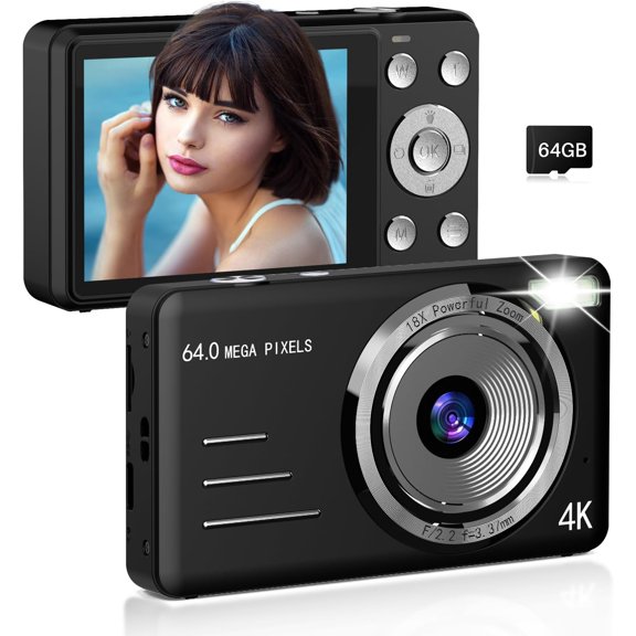 Digital Camera, FHD 4K 64MP Point and Shoot Digital Cameras with 64GB Card, 18X Zoom, Anti Shake, Compact Small Camera for Gifts for Teens Girls Boys