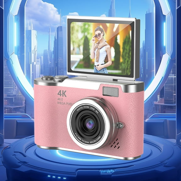 Digital Camera, Gaqring 2.4 Inch Flip Screen Autofocus 1080P HD Selfie Beauty Camera, 8X Digital Zoom 48MP CMOS Sensor Night Vision Flash Portable Teen Camera, Pink