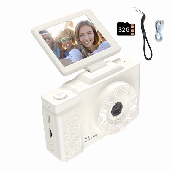 Digital Camera HD Flip Screen Compact Vlogging Camera for Beginners, Portable with Simple Controls, 2 Styles (No Card/32GB Card), Multi-Color