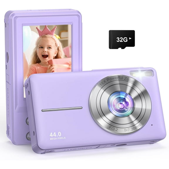 Digital Camera for Kids, 44MP Kids Camera for Boys Girls with 32GB Card, 16X Zoom, Fill Light, Anti-Shake, FHD 1080P Small Travel Point Shoot Camera Gift for Teens Beginner Children(Purple)