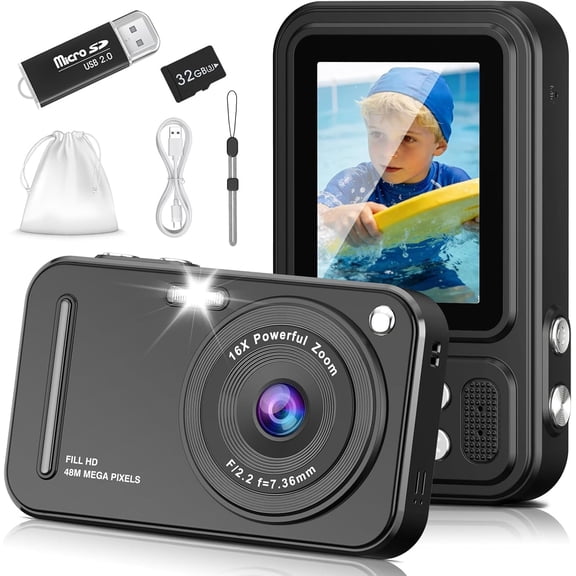 Digital Camera for Kids, 48MP FHD 1080P Point and Shoot Digital Cameras with 16X Zoom Anti-Shake, Compact Portable Cameras for Photography, for Boys Girls Teens Beginners-Black