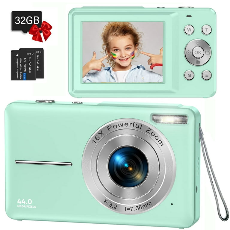Digital Camera,Kids Camera with 32GB Card FHD 1080P 44MP Vlogging Camera  with LCD Screen 16X Zoom Compact Portable Mini Rechargeable Camera Gifts  for Students Teens Adults Girls Boys-Green 