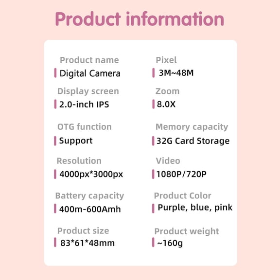 Digital Camera,Kids Camera Dual Lenses Screen Birthday Festival 48mp Children 1080p Cute Camera With 2.0-inch Ips 3-12 Year Old Camera 3-12 Kids Lenses Ca Birthday Birthday/festival Dsfen