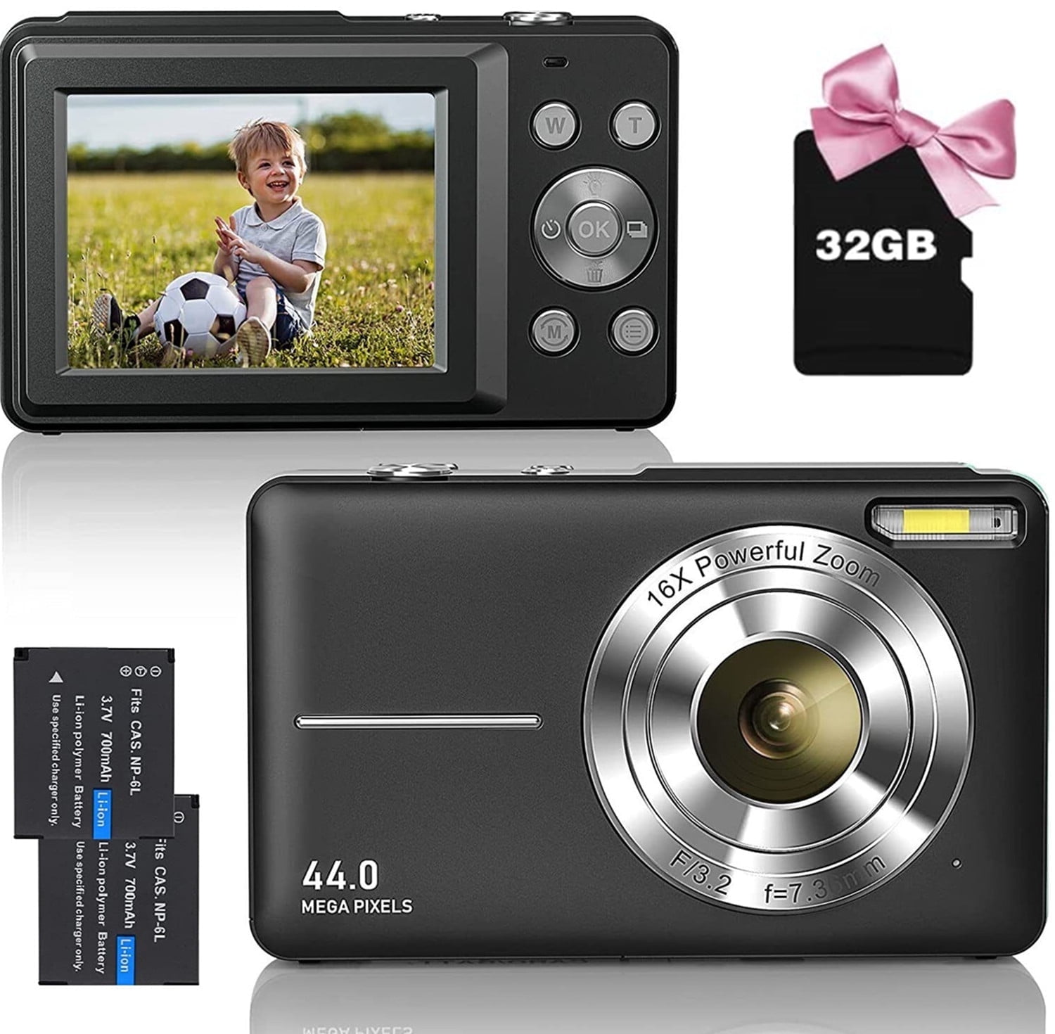 Digital Camera Kids Camera FHD 1080P 44MP Vlogging Camera with 16X Zoom Portable Digital Cameras for Kids Teens Seniors with 32GB Card (Black)