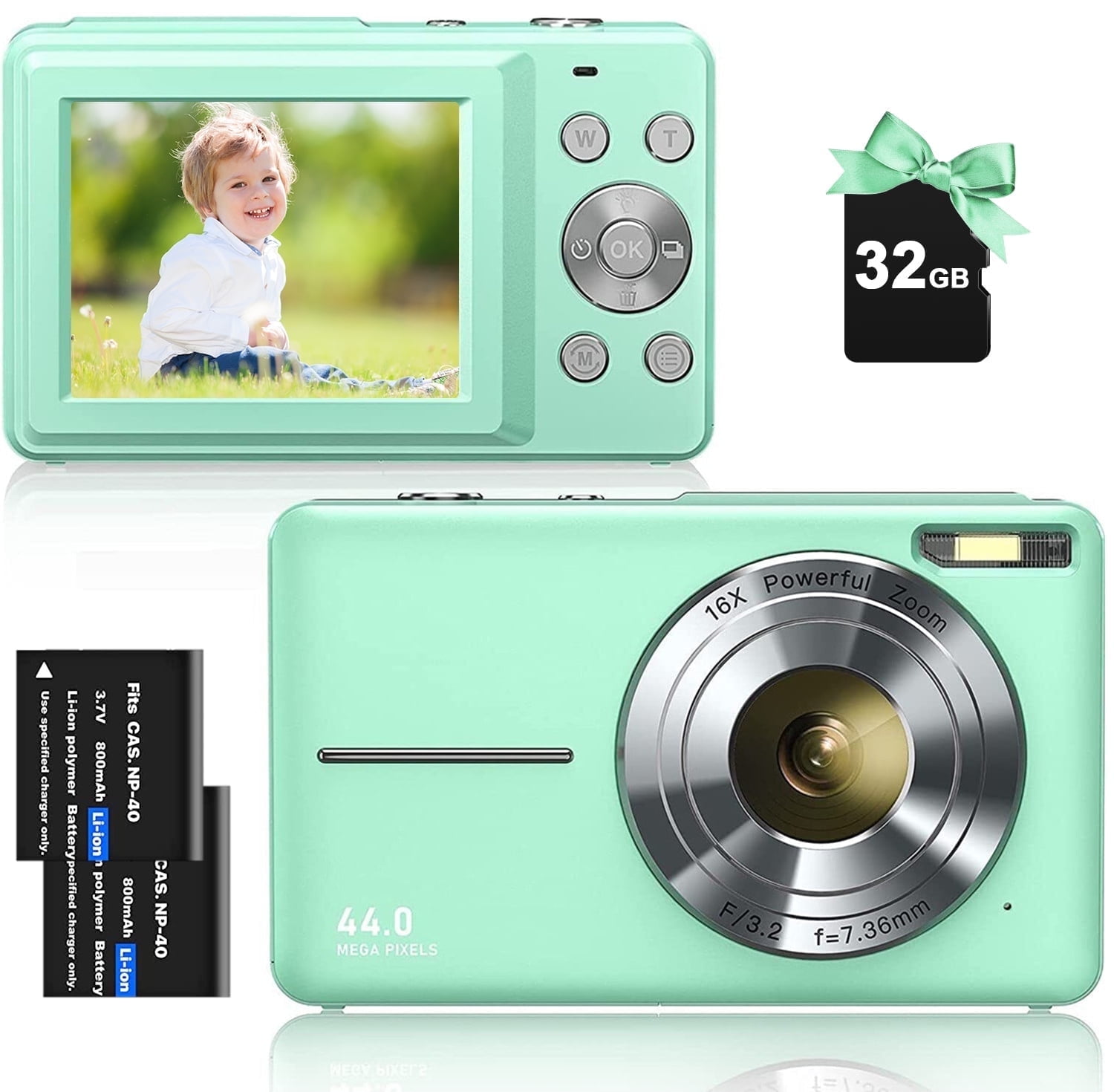 Digital Camera Kids Camera FHD 1080P 44MP Vlogging Cameras with 16X Digital Zoom for Kids Teens Seniors with 32GB Card (Green)